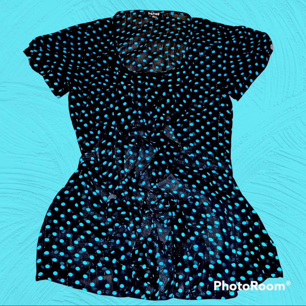 Women’s Maurices Short Sleeve Blouse Size Small Sheer Black With Teal Polka Dots